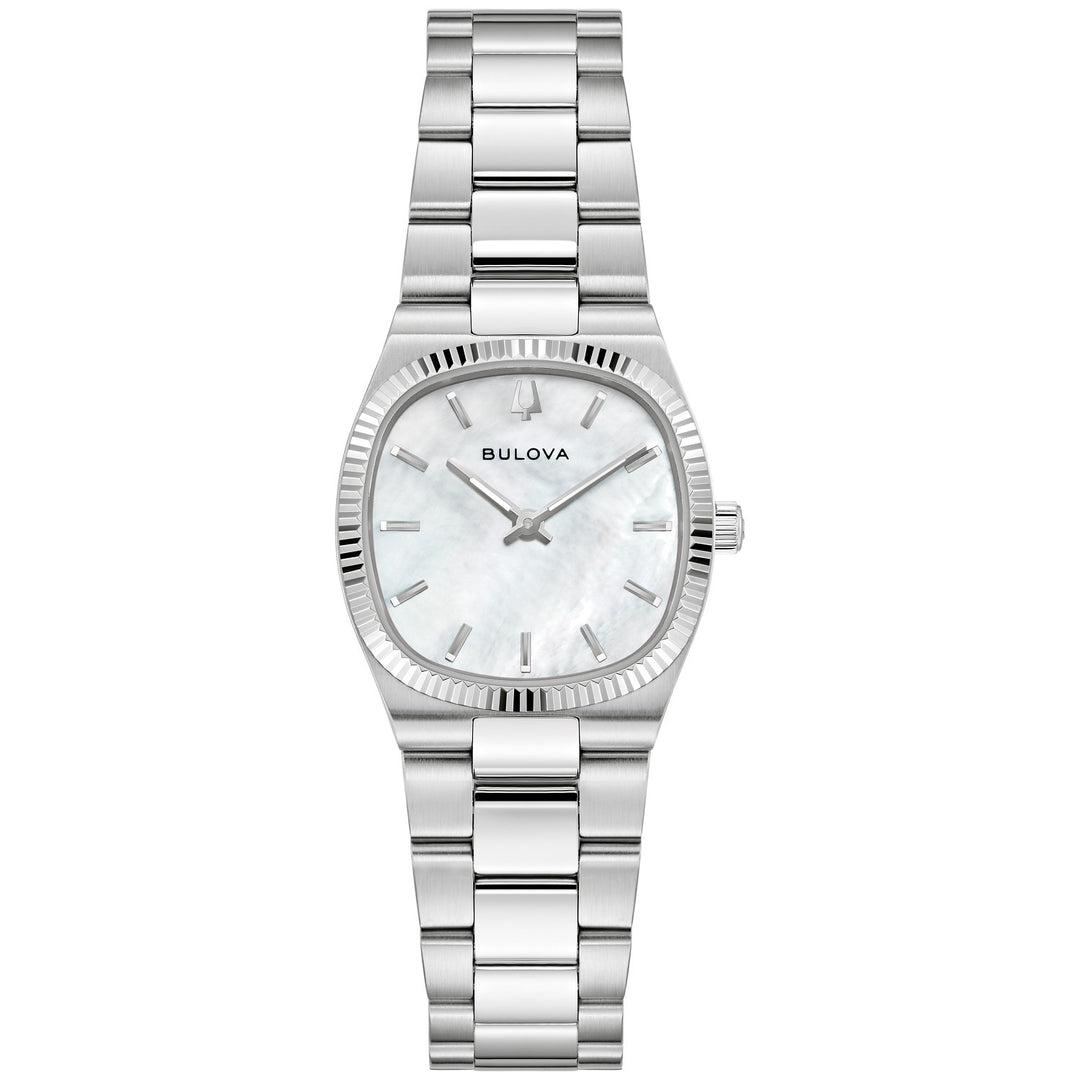 Bulova Super Seville Mini women's watch with a white mother-of-pearl dial and silver-tone bracelet, front view (96L353)