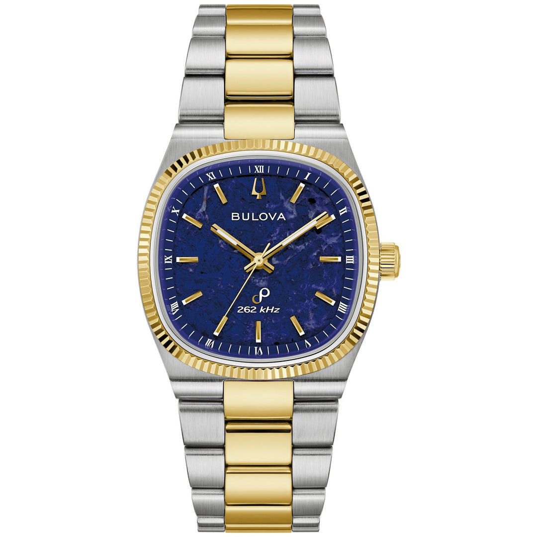 Bulova Super Seville Sodalite men's watch with a blue sodalite stone dial and two-tone bracelet, front view (98A337)