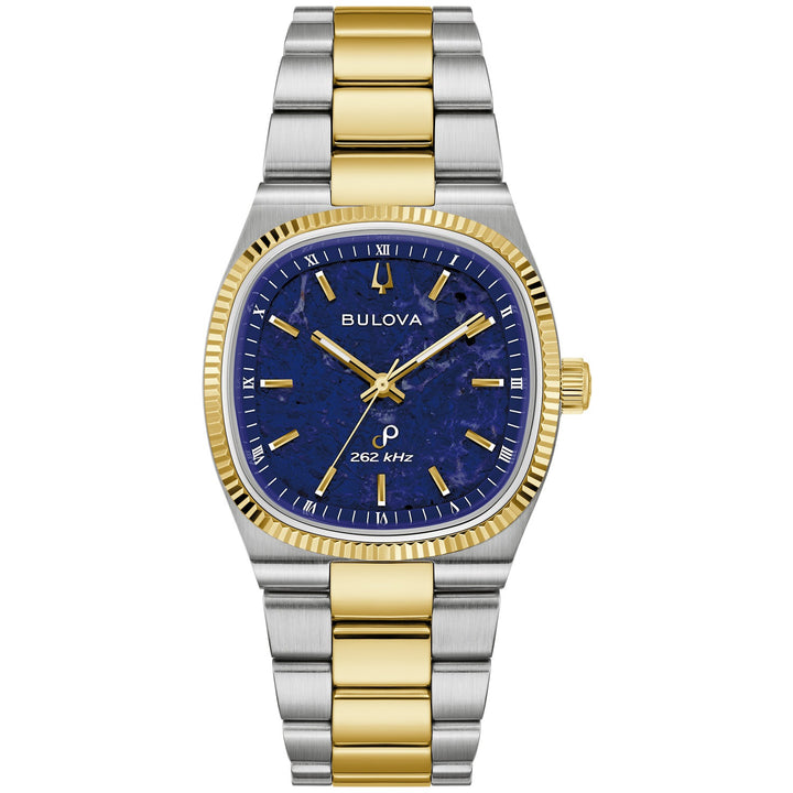 Bulova Super Seville Sodalite men's watch with a blue sodalite stone dial and two-tone bracelet, front view (98A337)