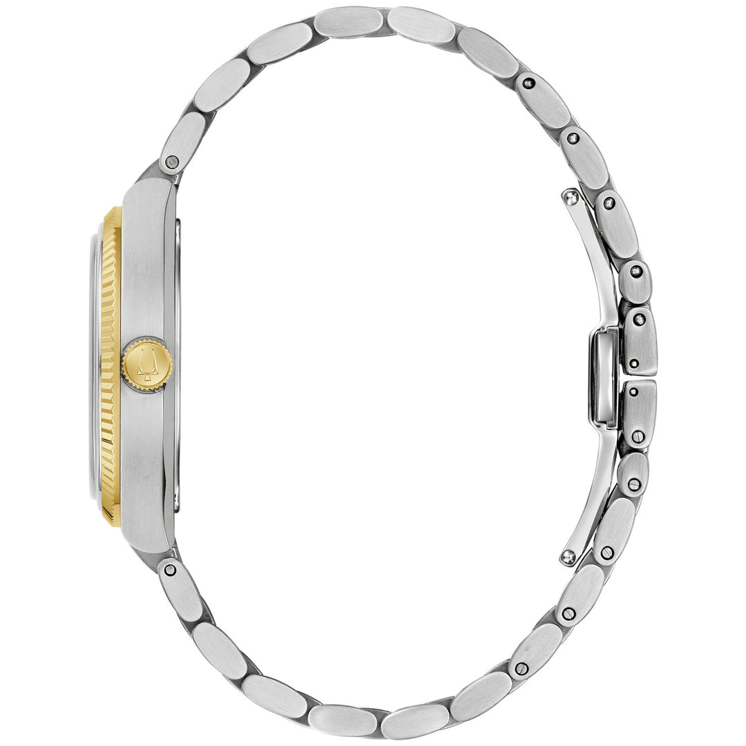 Side profile of the Bulova Super Seville Sodalite men's watch showing the case and two-tone bracelet (98A337)