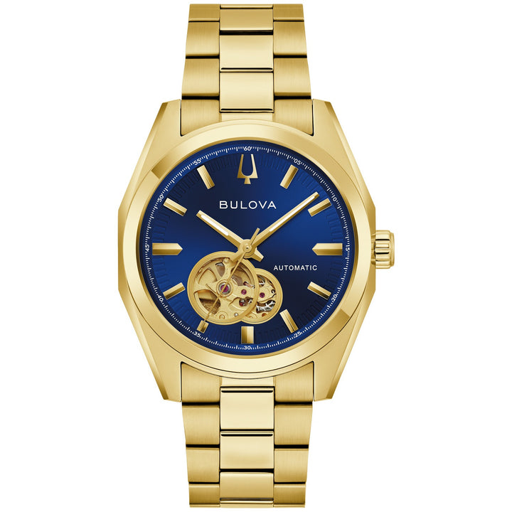 Bulova Surveyor men's watch with a blue open heart dial and gold-tone bracelet, front view (97A203)