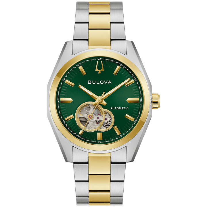 Bulova Surveyor men's watch with a green open heart dial and two-tone bracelet, front view (98A338)