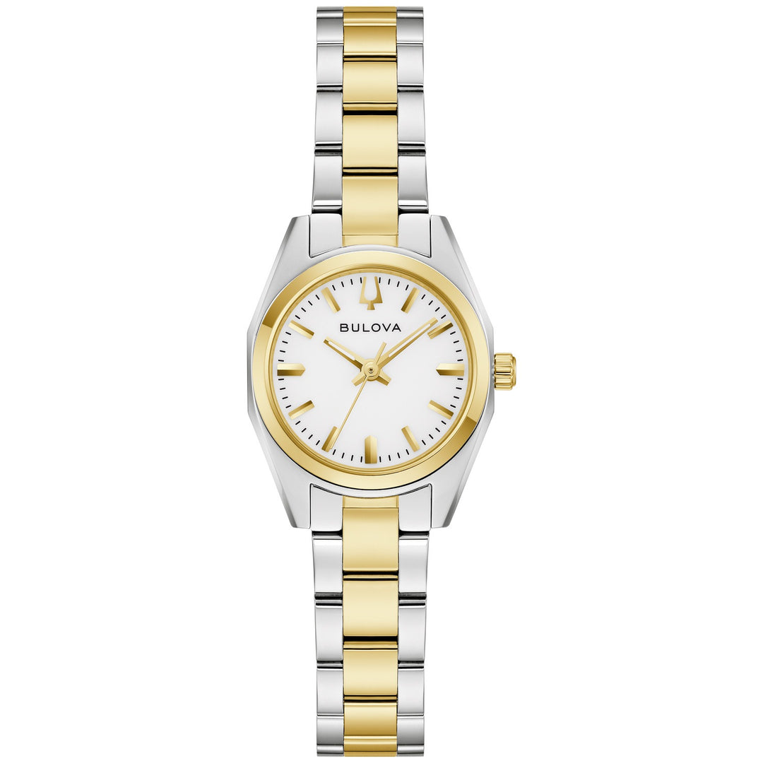 Bulova Surveyor women's watch with a glossy white dial and two-tone bracelet, front view (98L331)