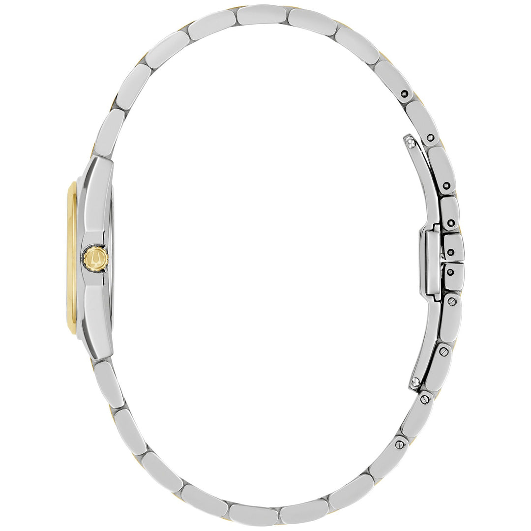 Side profile of the Bulova Surveyor women's watch showing the case and two-tone bracelet (98L331)