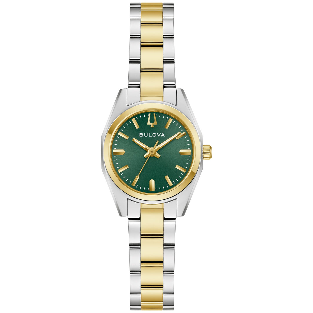 Bulova Surveyor women's watch with a green sunray dial and two-tone bracelet, front view (98L329)