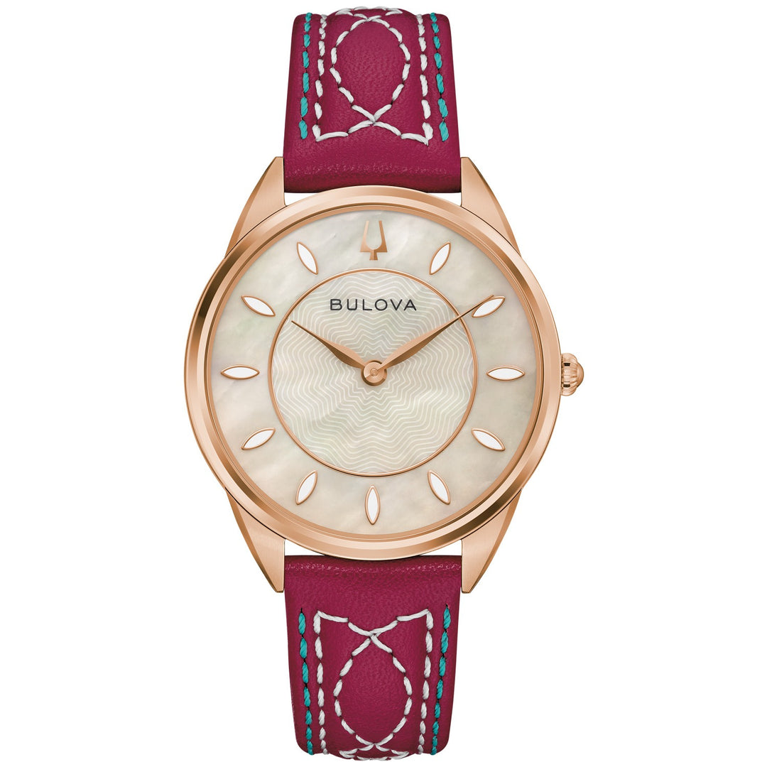 Bulova Sutton women's watch with an ecru mother-of-pearl dial and rose-red leather strap, front view (97L204)