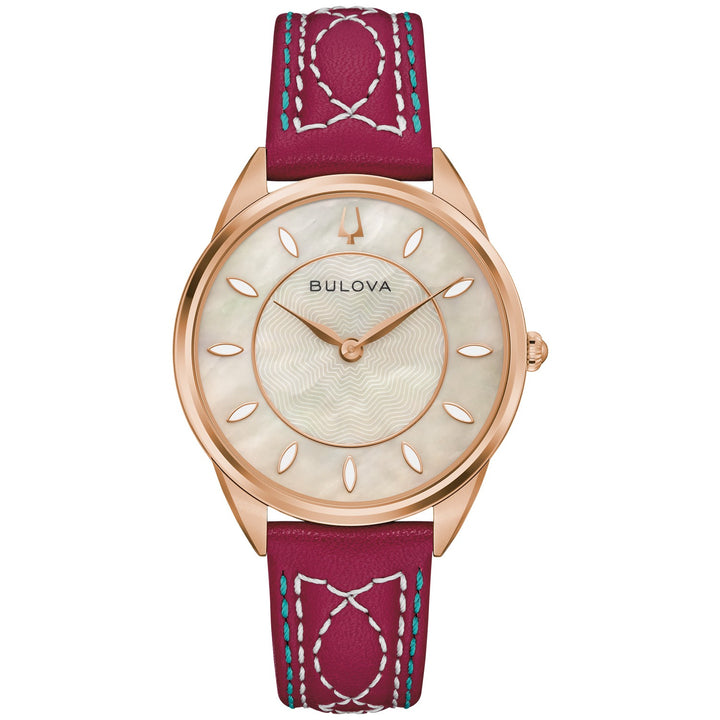Bulova Sutton women's watch with an ecru mother-of-pearl dial and rose-red leather strap, front view (97L204)