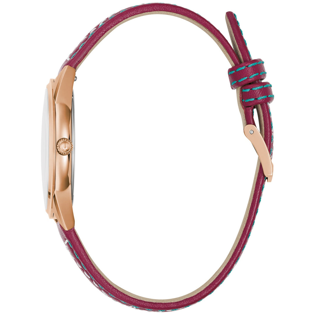 Side profile of the Bulova Sutton women's watch showing the case and rose-red leather strap (97L204)