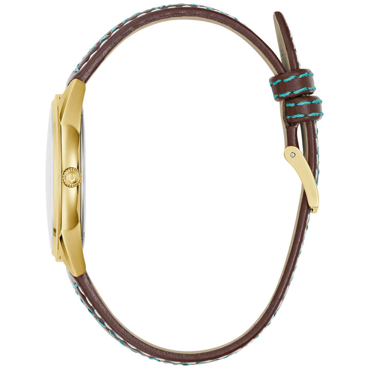 Side profile of the Bulova Sutton women's watch showing the case and tobacco brown leather strap (97L203)