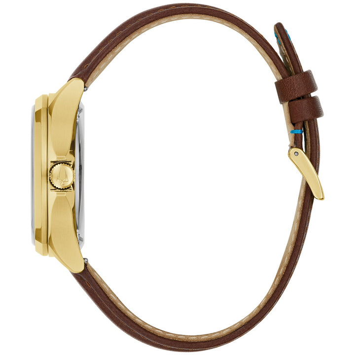 Side profile of the Bulova Tony Bennett NYC men's watch showing the case and brown leather strap (97B244)