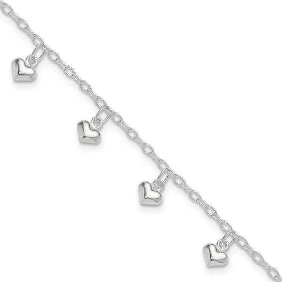 Sterling Silver Heart 10 inch Ankle Bracelet