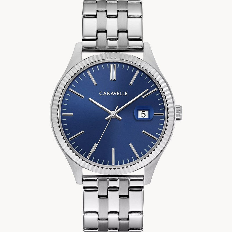 Caravelle Dress men's silver-tone stainless steel blue dial bracelet watch 43B151 front view