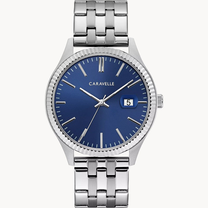Caravelle Dress men's silver-tone stainless steel blue dial bracelet watch 43B151 front view