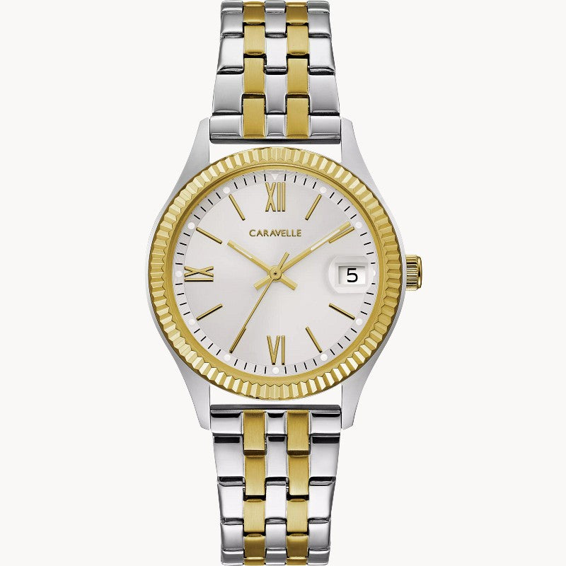 Caravelle Dress women's two-tone stainless steel bracelet dress watch 45M112 front view