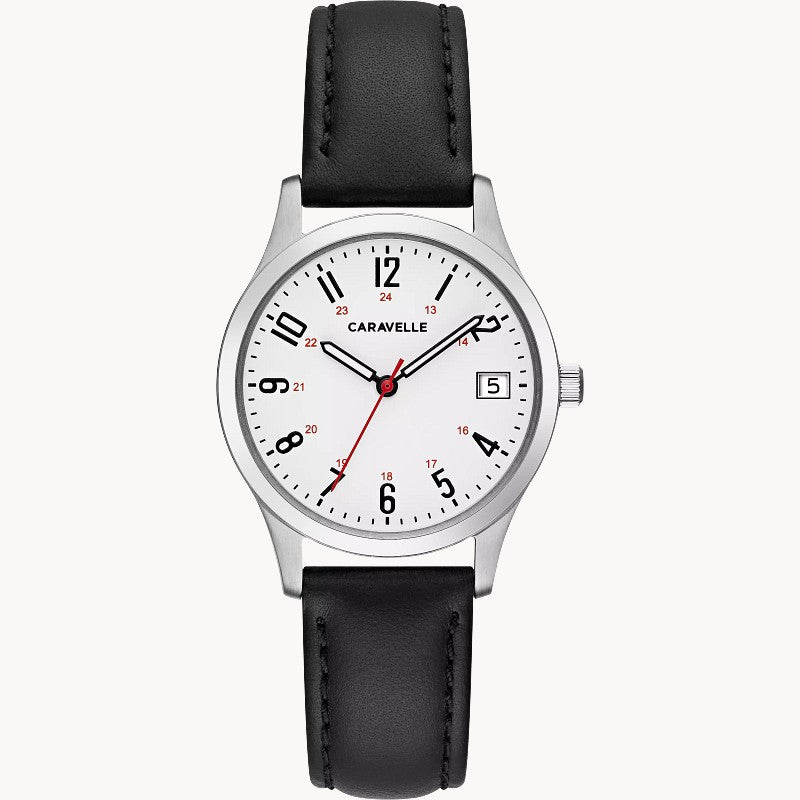 Caravelle Traditional women's silver-tone leather strap dress watch 43M118 front view