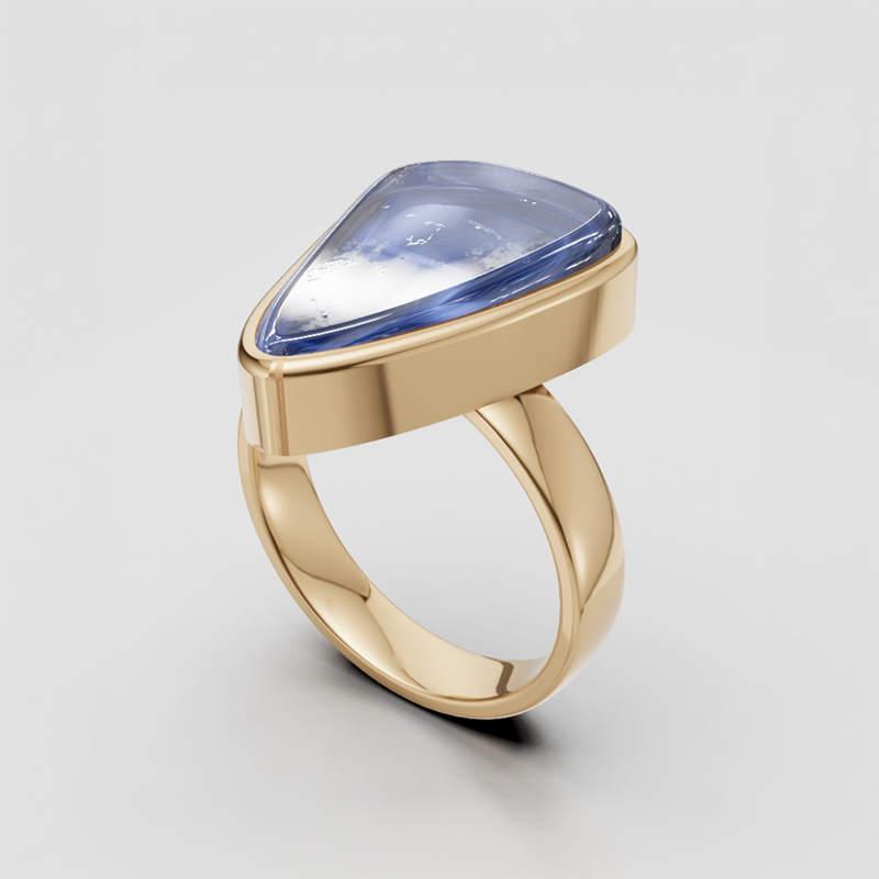 Digital rendering of the custom pear shaped labradorite ring, angled view, reviewed by the client before production at AJ's Jewelry