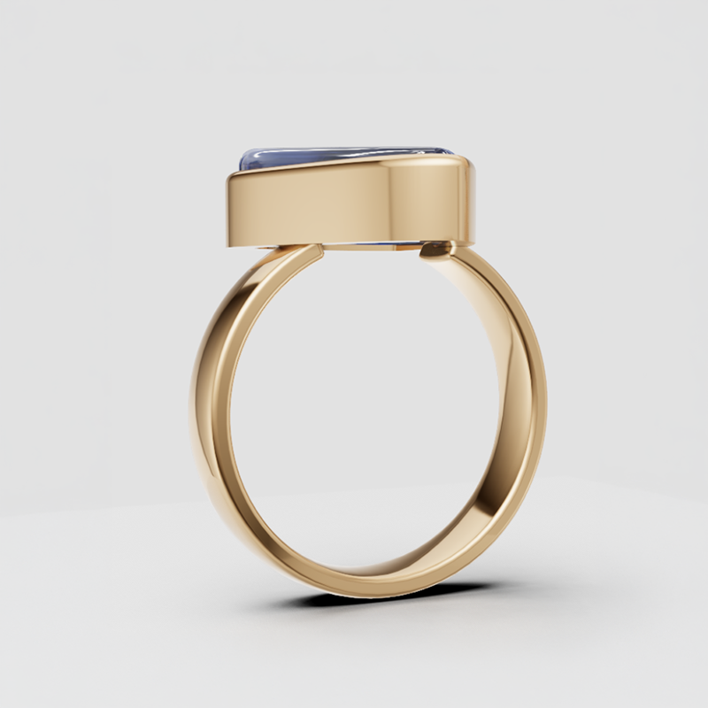 Digital rendering of the custom pear shaped labradorite ring in profile, showing the 14 karat yellow gold band