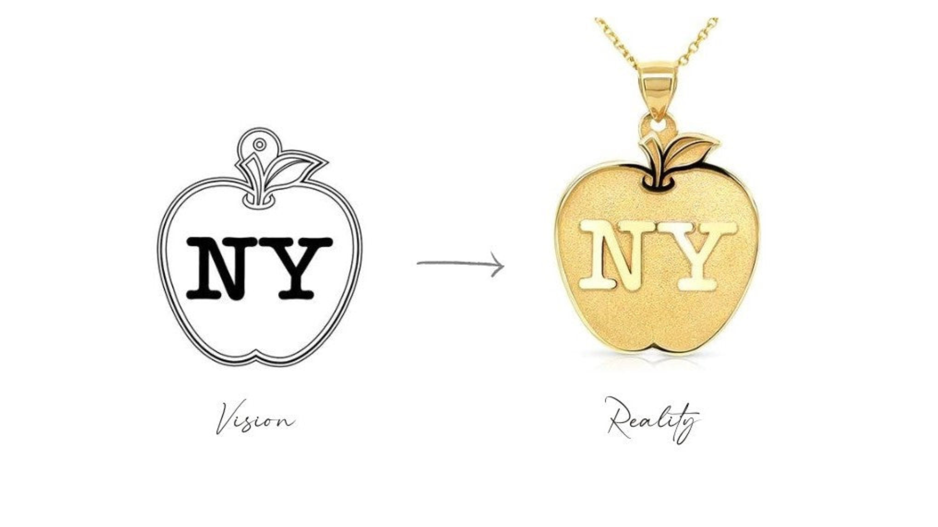 Two apple shaped pendants a sketch labeled Vision on the left side and a gold necklace labeled Reality on the right side, both engraved letters NY on a white background