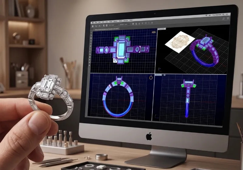 Person holding a diamond ring next to a computer screen displaying jewelry design software.