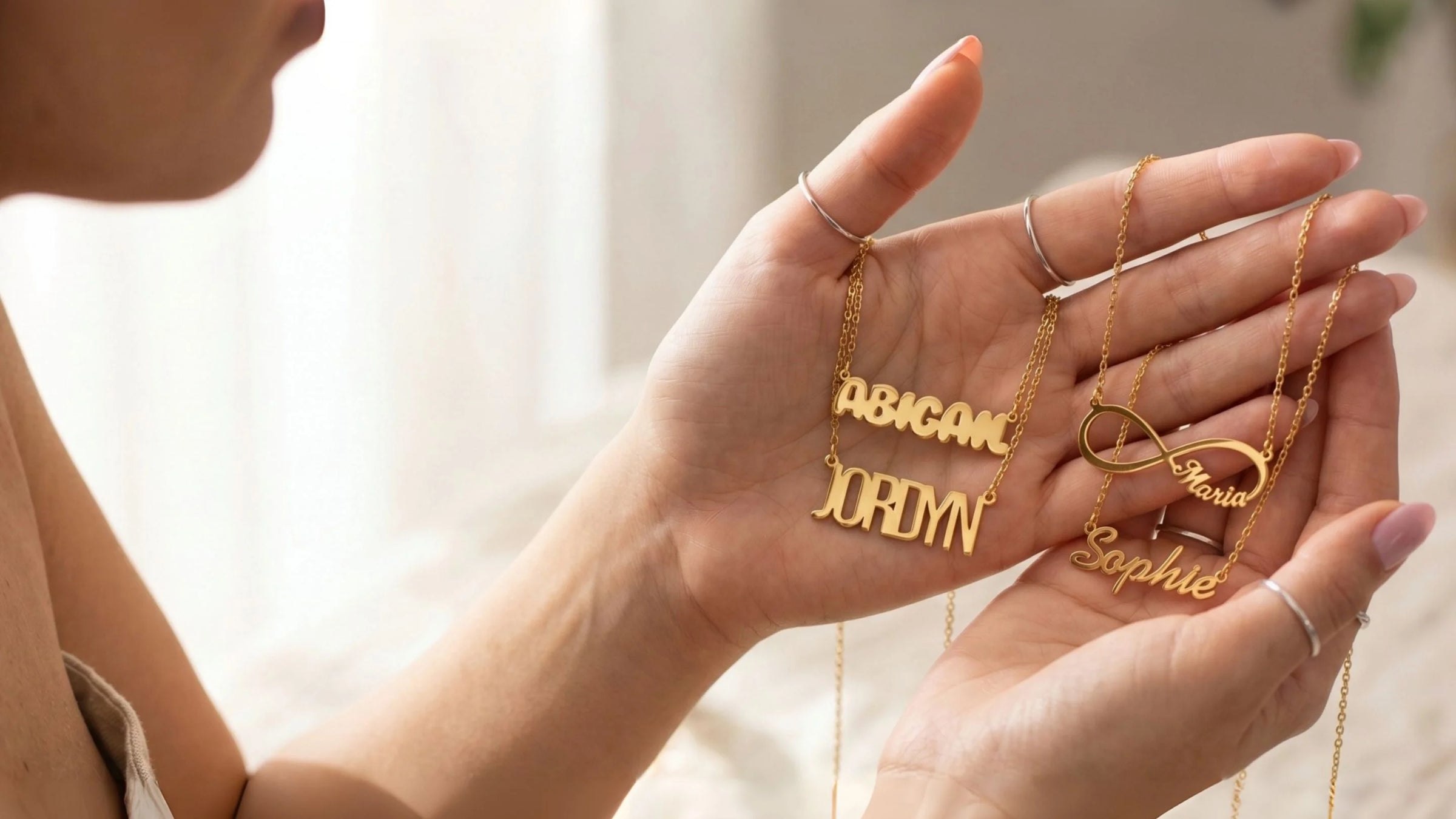 Personalized gold name necklaces with custom pendant designs