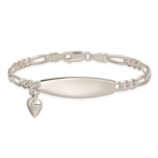 Sterling Silver Engraveable Figaro ID Bracelet with Heart - 7 inch