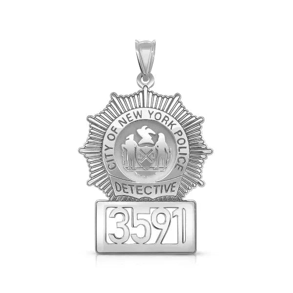 Sterling Silver Personalized Police Detective Badge Charm Pendant with Number