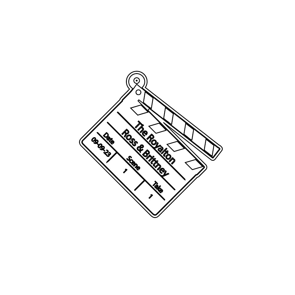 Adobe Illustrator vector design of a personalized director's clapperboard pendant built for laser engraving in 14kt white gold — AJ's Jewelry Queens NY
