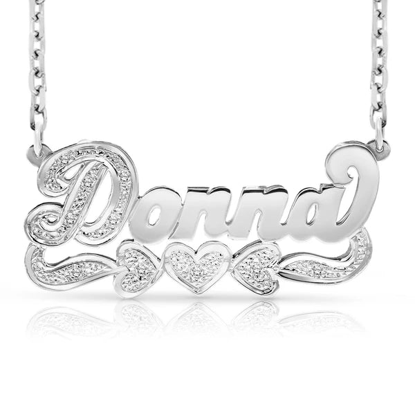 14 Karat 3D Name Necklace with Three Hearts