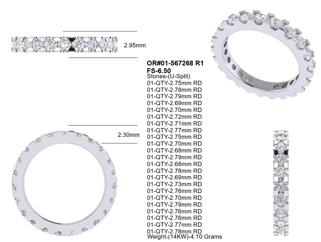 A product specification sheet for the eternity diamond band ring, showing the ring from multiple angles, a close-up of the band, and a central table listing model number, stone count, and width.