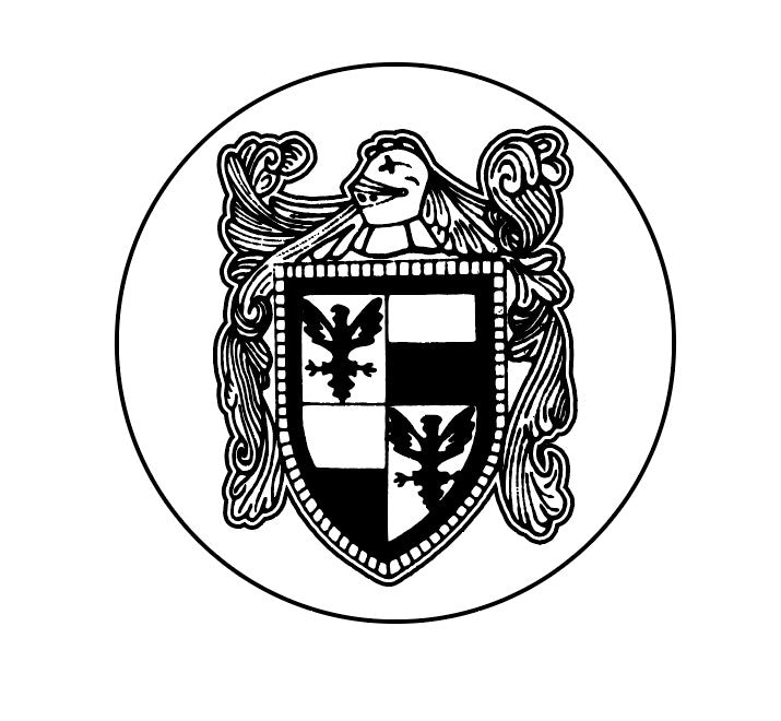 Black and white coat of arms design on a white background