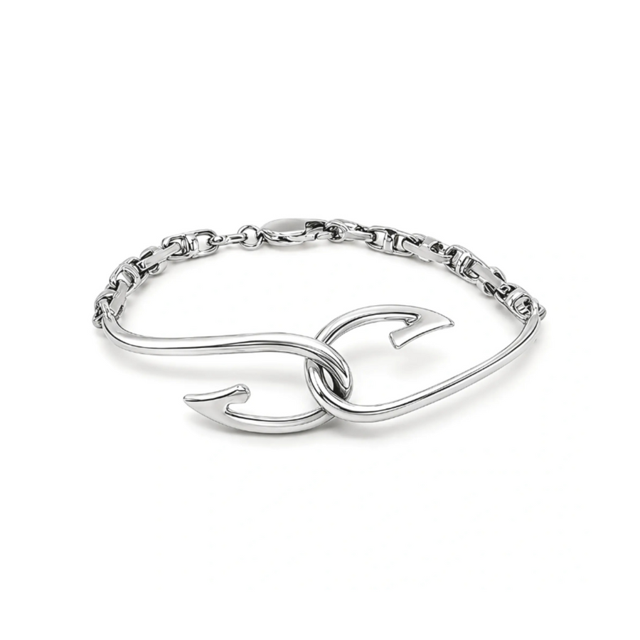 Men's Fishing Hook Bracelet, 14K White Gold