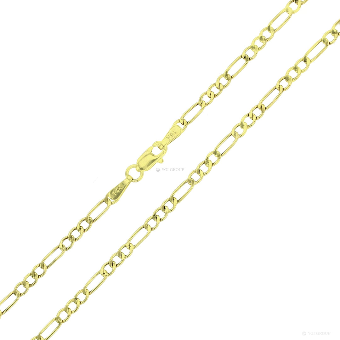 A image showing a gold figaro chain on a white background