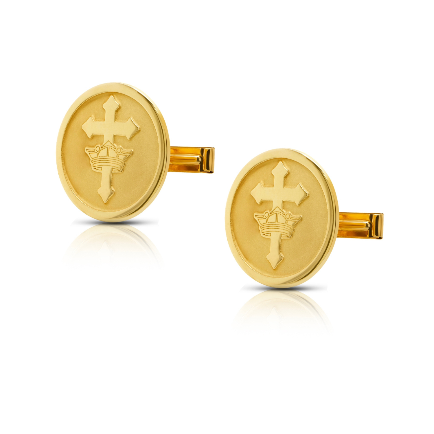 Pair of custom gold plated St. Helen's Catholic Academy logo cufflinks made as a retirement gift by AJ's Jewelry