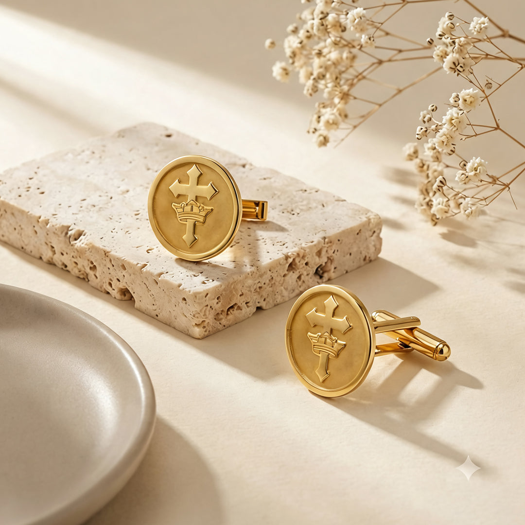 Styled photograph of the gold plated St. Helen's Catholic Academy logo cufflinks on travertine stone at AJ's Jewelry