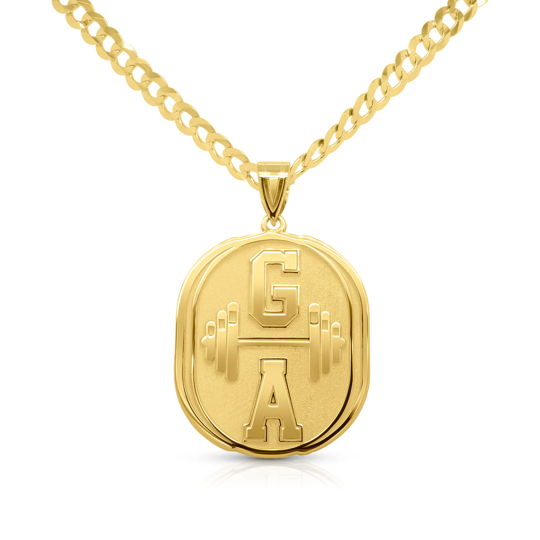 Completed 14kt yellow gold gym logo pendant laser-engraved and hand-finished by AJ's Jewelry in Ridgewood Queens NY