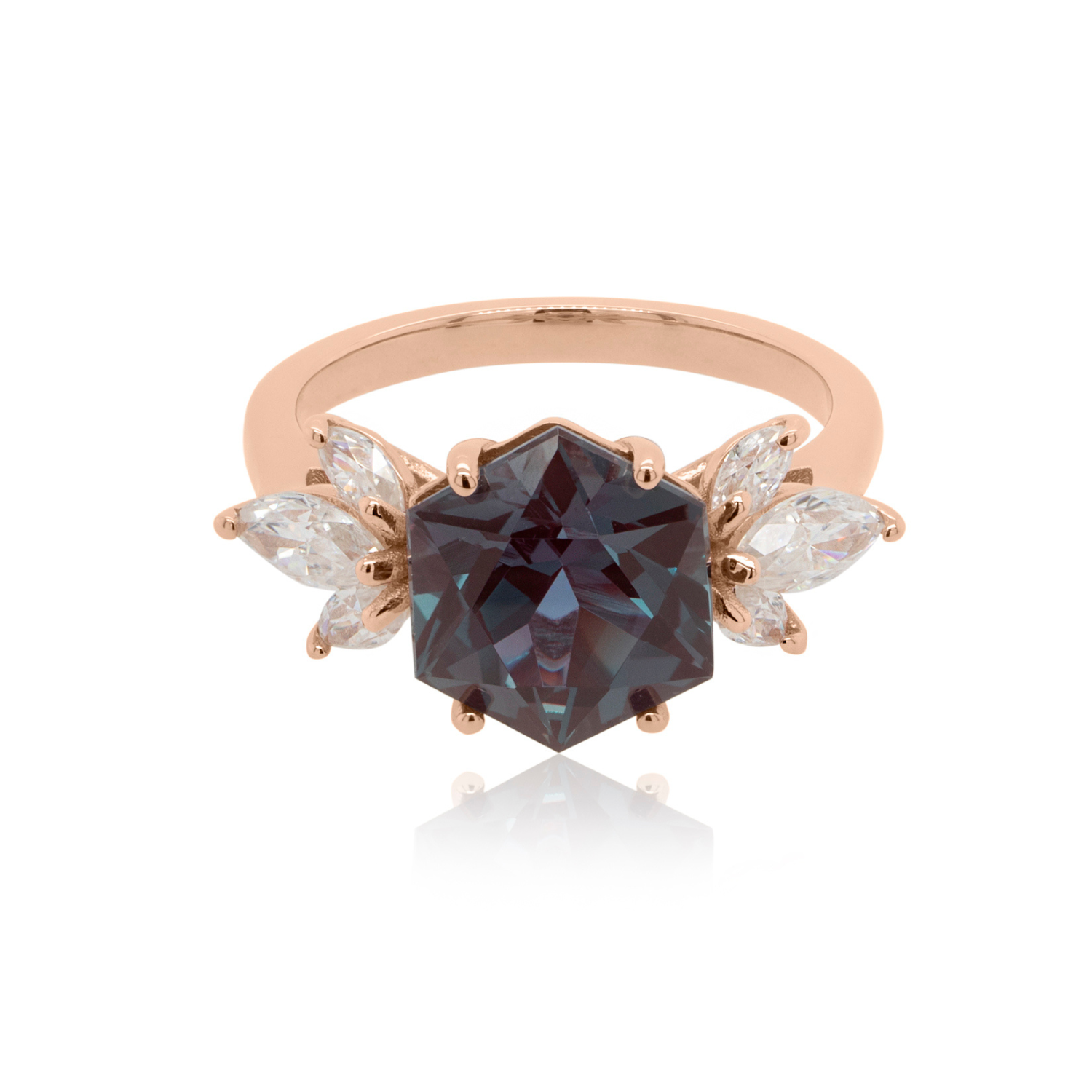 14kt rose gold lab grown alexandrite hexagon engagement ring custom jewelry mobile banner — AJ's Jewelry Ridgewood Queens NY
