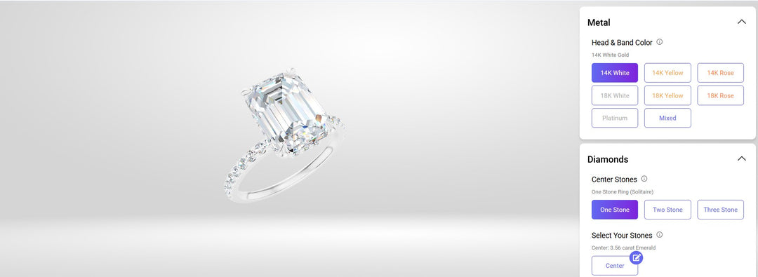 Online ring builder render showing the 3ct emerald shape lab grown diamond — AJ's Jewelry custom engagement ring Queens NY