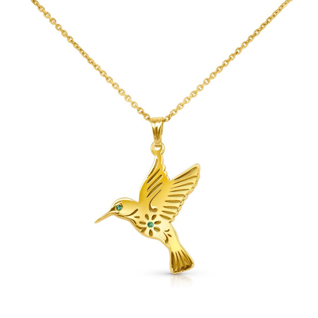 Completed 14kt yellow gold hummingbird pendant with round emerald stones by AJ's Jewelry in Ridgewood Queens NY
