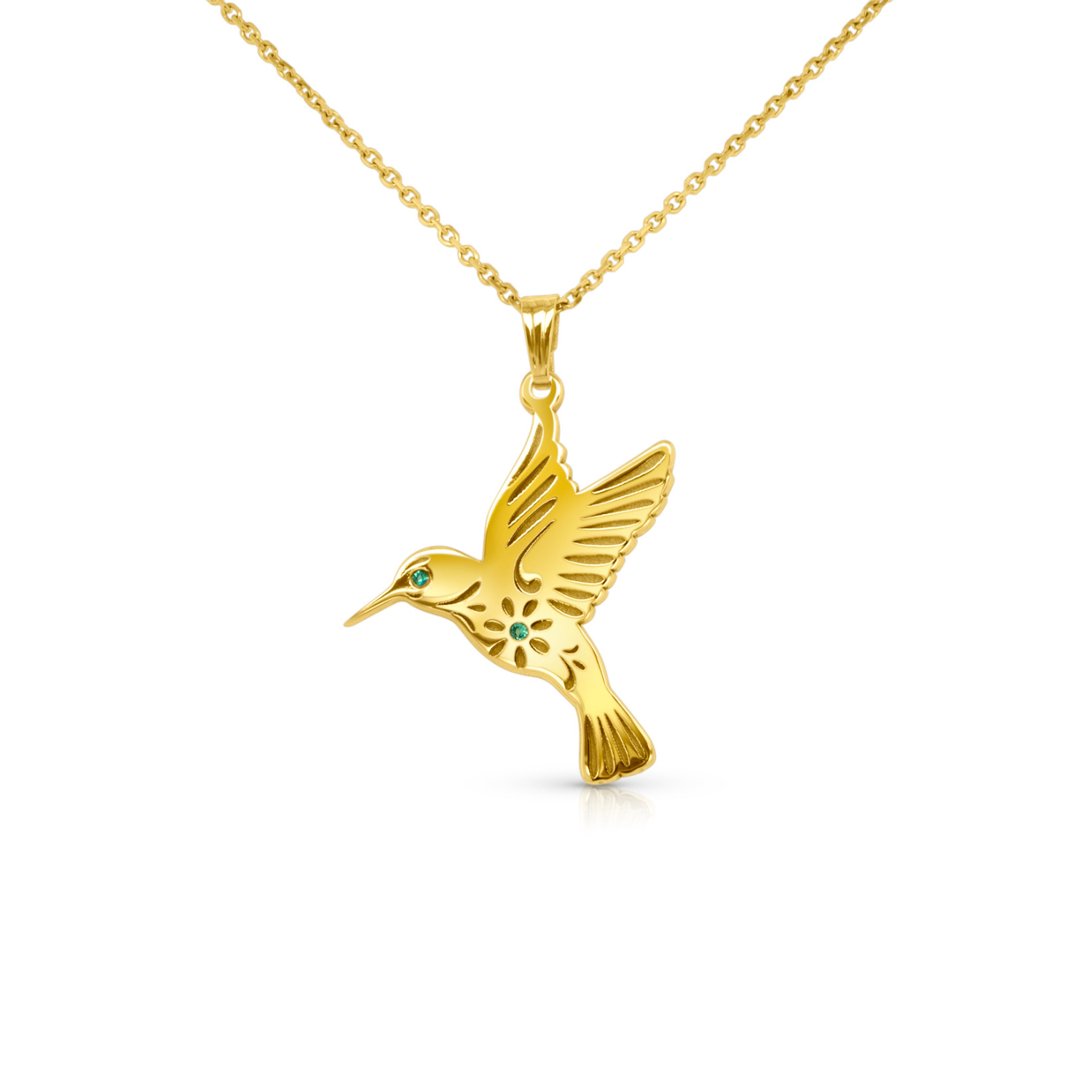 Completed 14kt yellow gold hummingbird pendant with round emerald stones by AJ's Jewelry in Ridgewood Queens NY