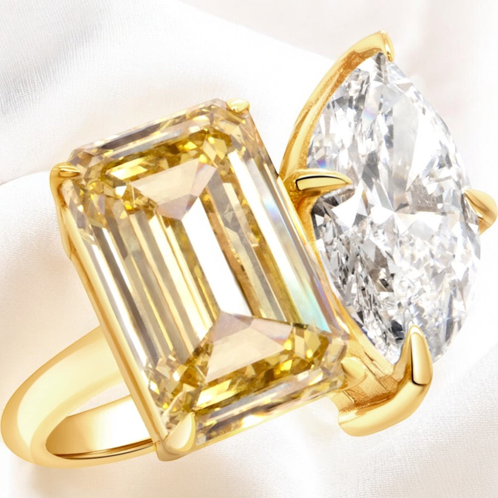 An image of an angled view of the finished Two Stone Lab Grown Diamond Engagement Ring in Yellow Gold