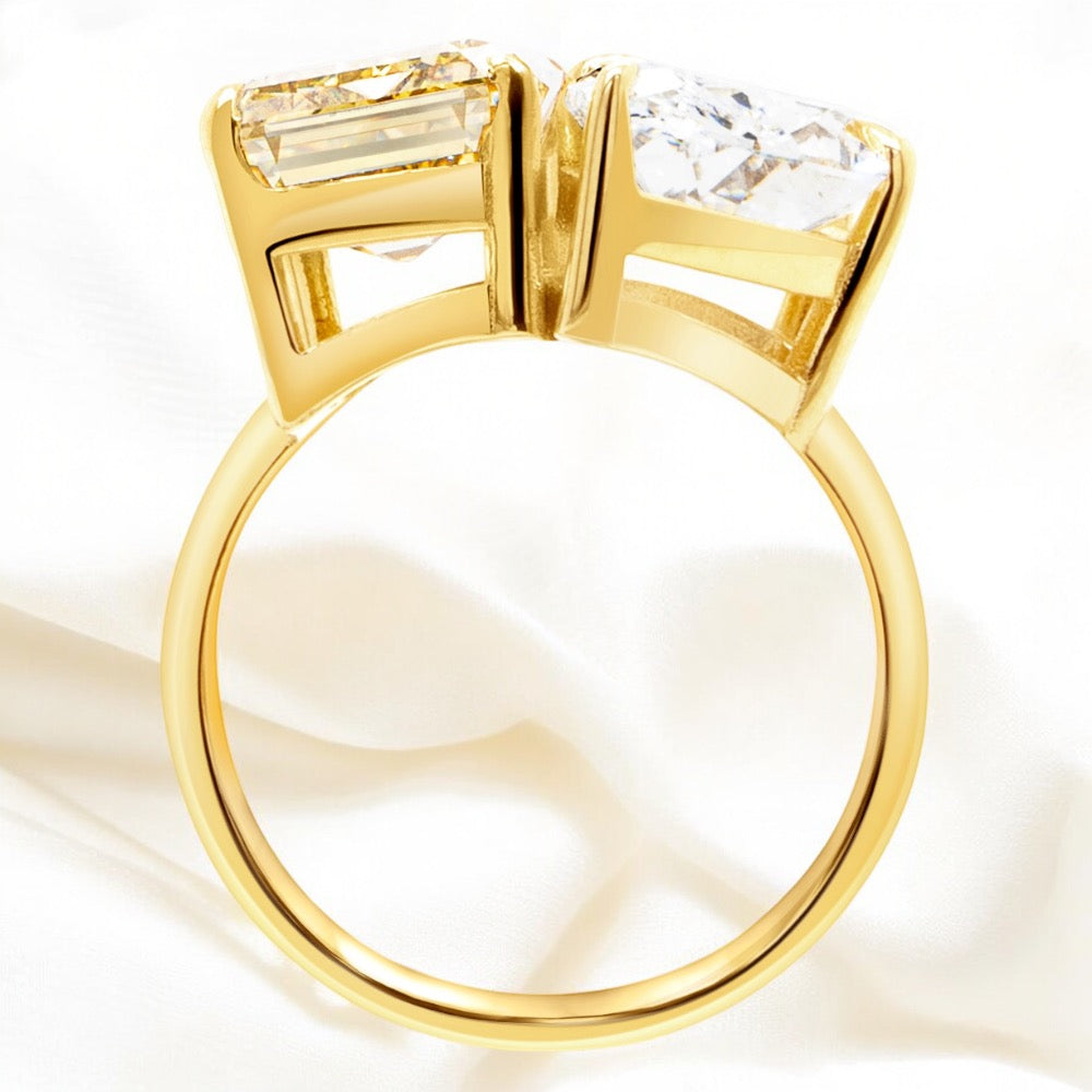 An image of a side view of the finished Two Stone Lab Grown Diamond Engagement Ring in Yellow Gold