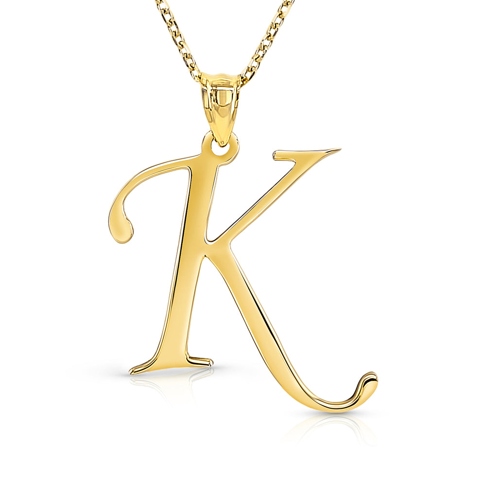 Completed 14kt yellow gold custom initial K letterform pendant laser-engraved and hand-finished by AJ's Jewelry in Ridgewood Queens NY