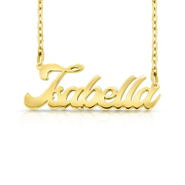 Gold "Isabella" nameplate necklace on a white background