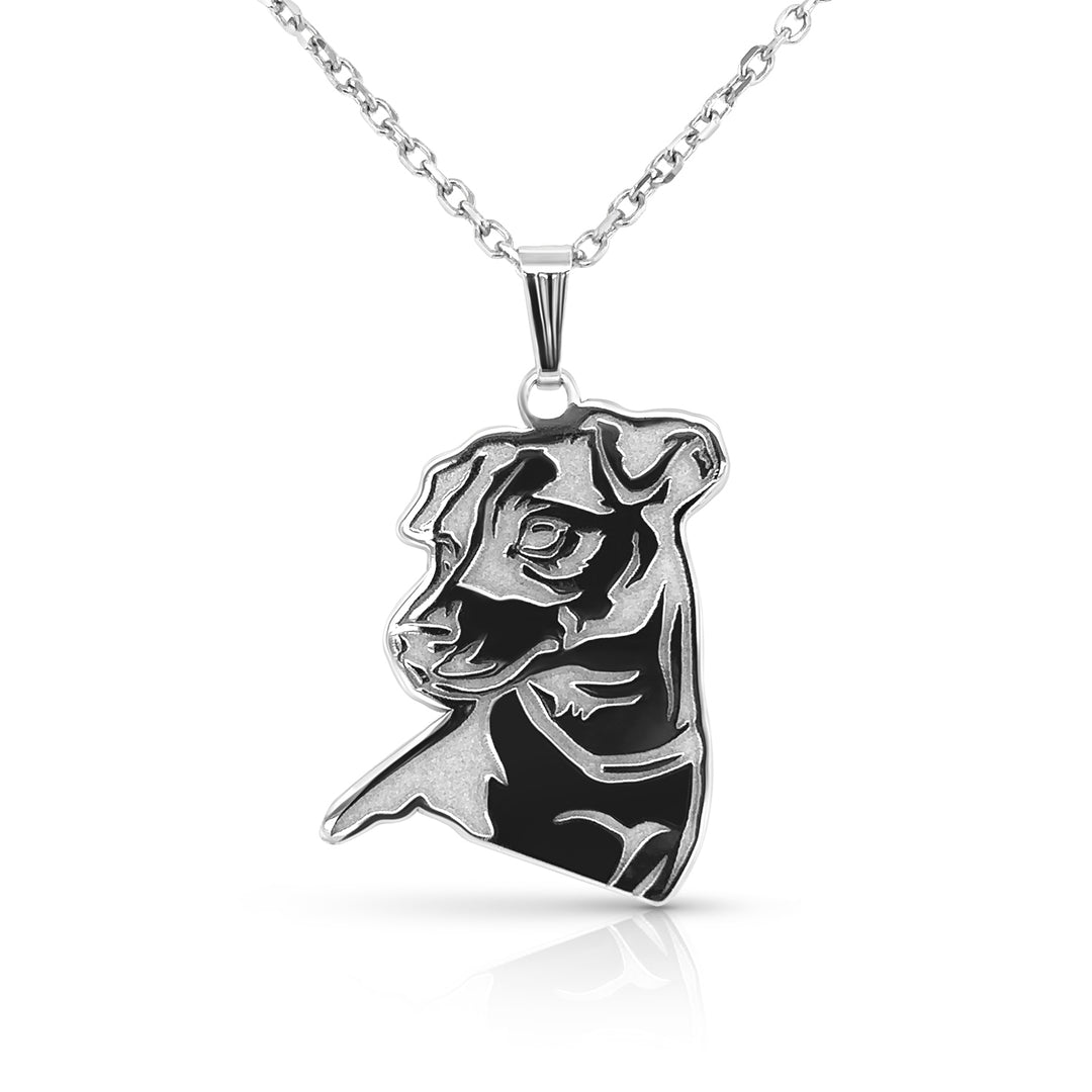 Completed 14kt white gold Jack Russell Terrier memorial pendant laser-engraved and hand-finished by AJ's Jewelry in Ridgewood Queens NY