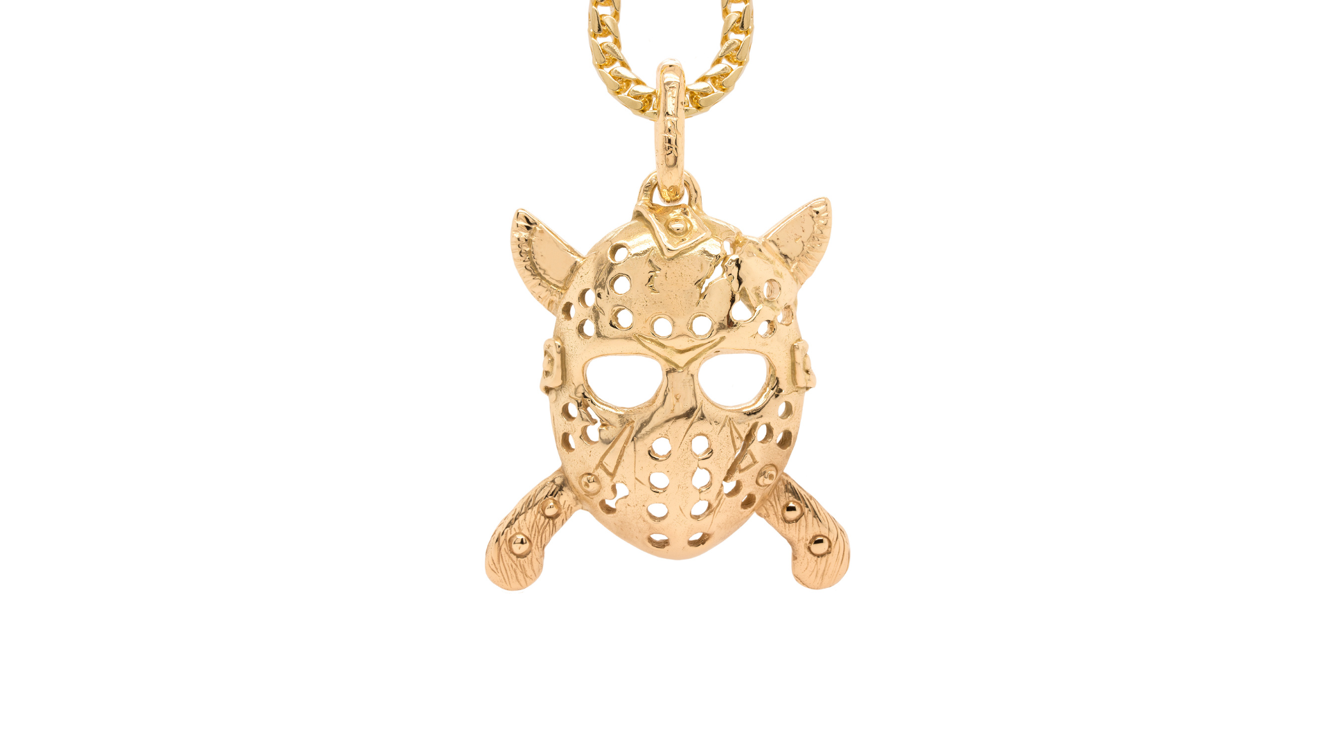 14 karat yellow gold Jason hockey mask pendant custom wax carved jewelry banner — AJ's Jewelry Ridgewood Queens NY