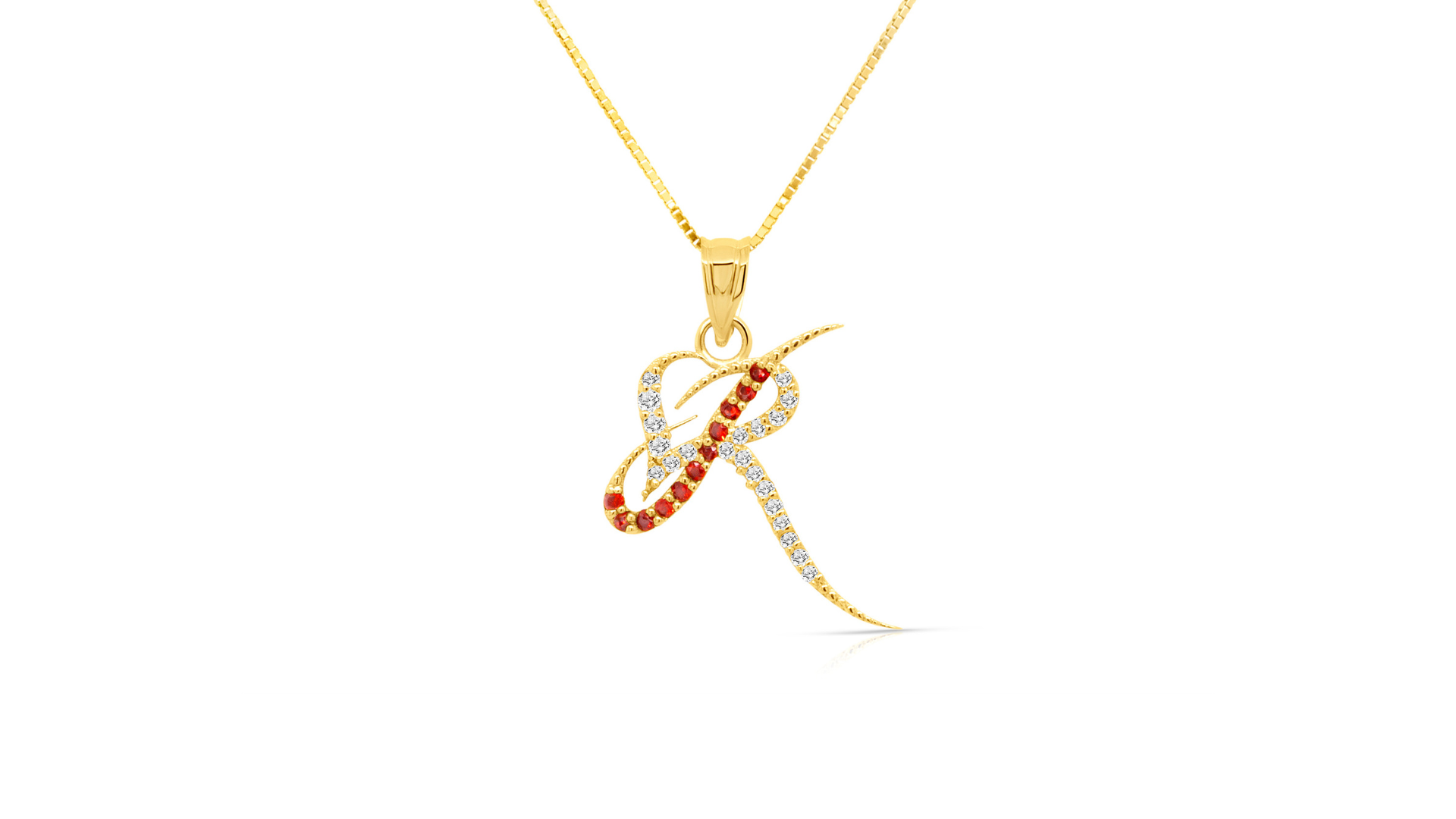A image showing the final product of the 14K Initial Logo Pendant with Garnet & Natural Diamonds