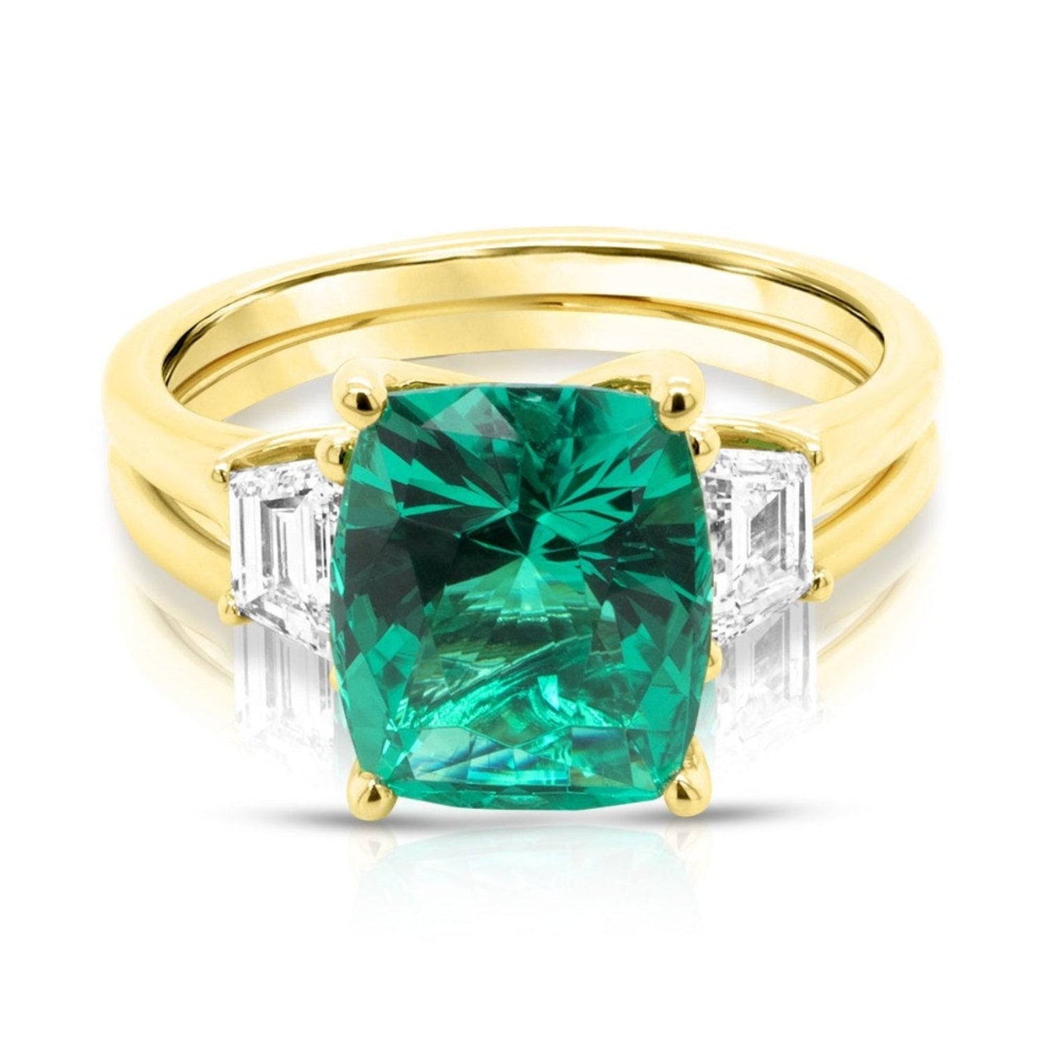 Lab grown emerald 3-stone engagement ring with matching wedding band — front view, 14 karat yellow gold, AJ's Jewelry Ridgewood Queens NY