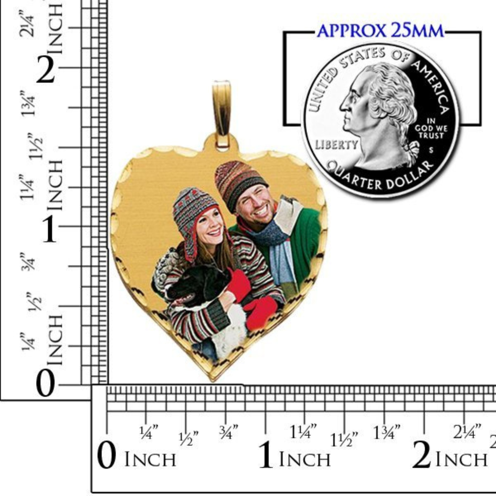 A heart-shaped gold pendant with a custom photo of a couple, shown with a ruler for scale and a quarter dollar coin comparison graphic on a white background.