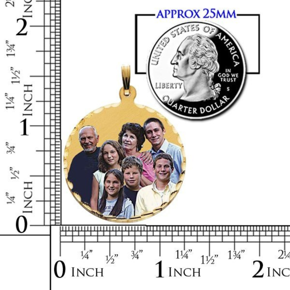 A custom family portrait pendant charm shown next to a US quarter dollar for scale, with ruler markings for size reference.