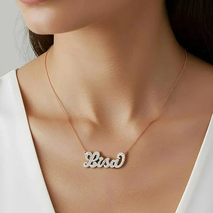 Model wearing the 14 Karat Diamond Cut 3D Name Necklace in 14K rose gold personalized with the name Lisa | AJ's Jewelry